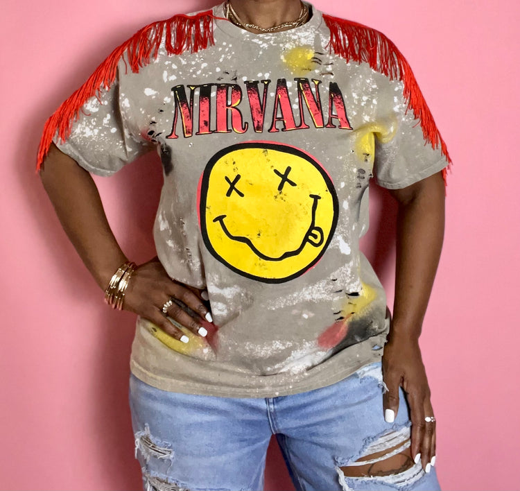 Tan Nirvana Graphic Tee With Red Fringe