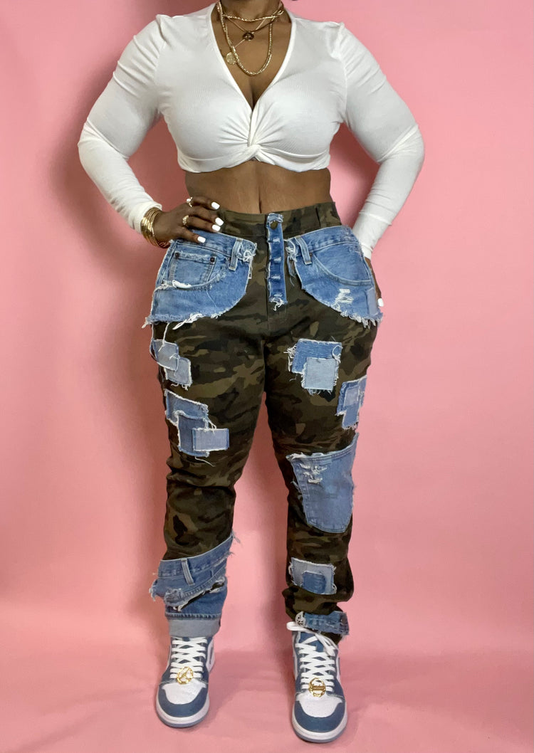 Denim Patchwork Camo Pants